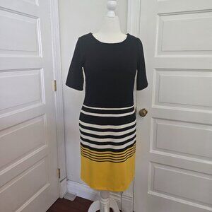 ILE New York Slim Fit Black/Yellow/White Stripe, Elbow-length Sleeve Dress Sz 10
